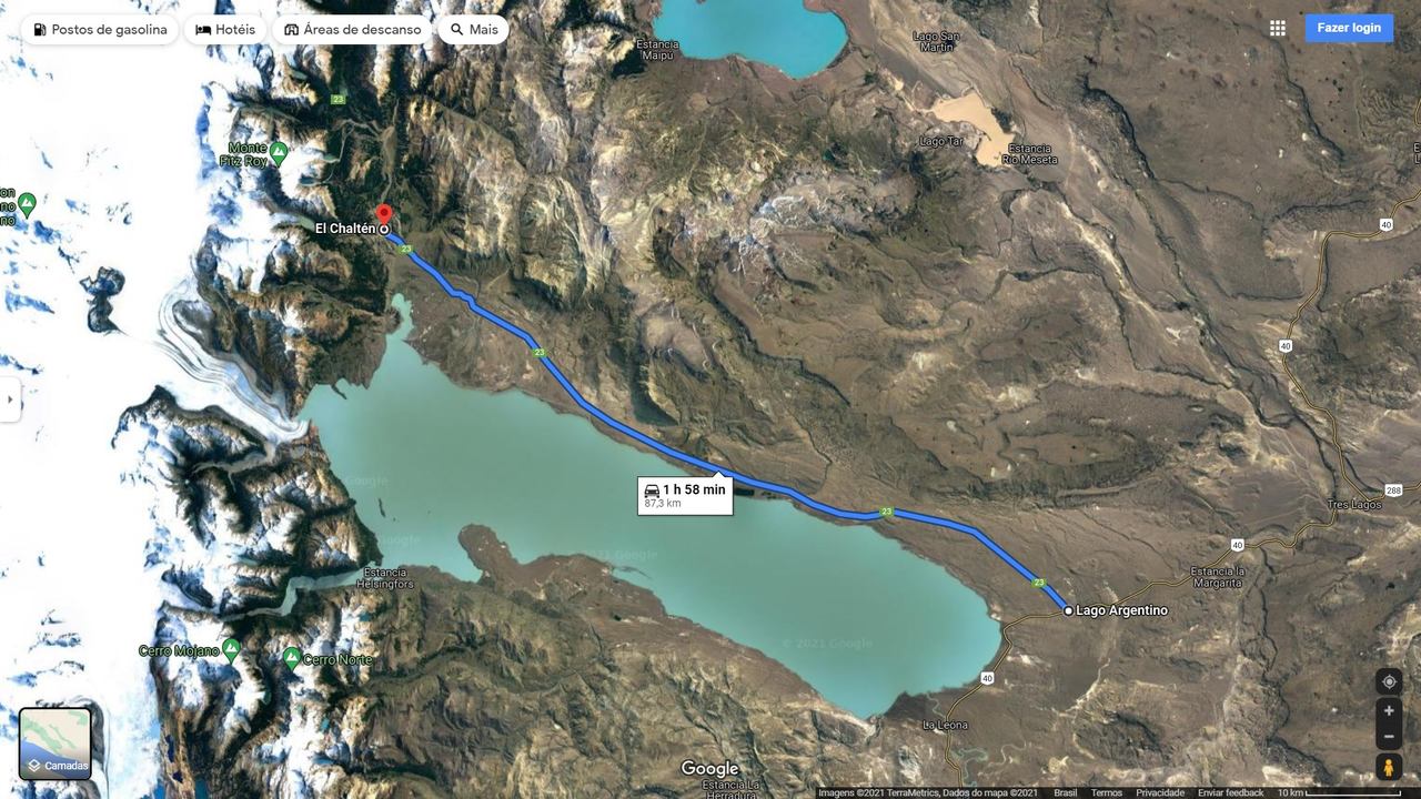 Distância entre a RN40 e a cidade de El Chaltén.